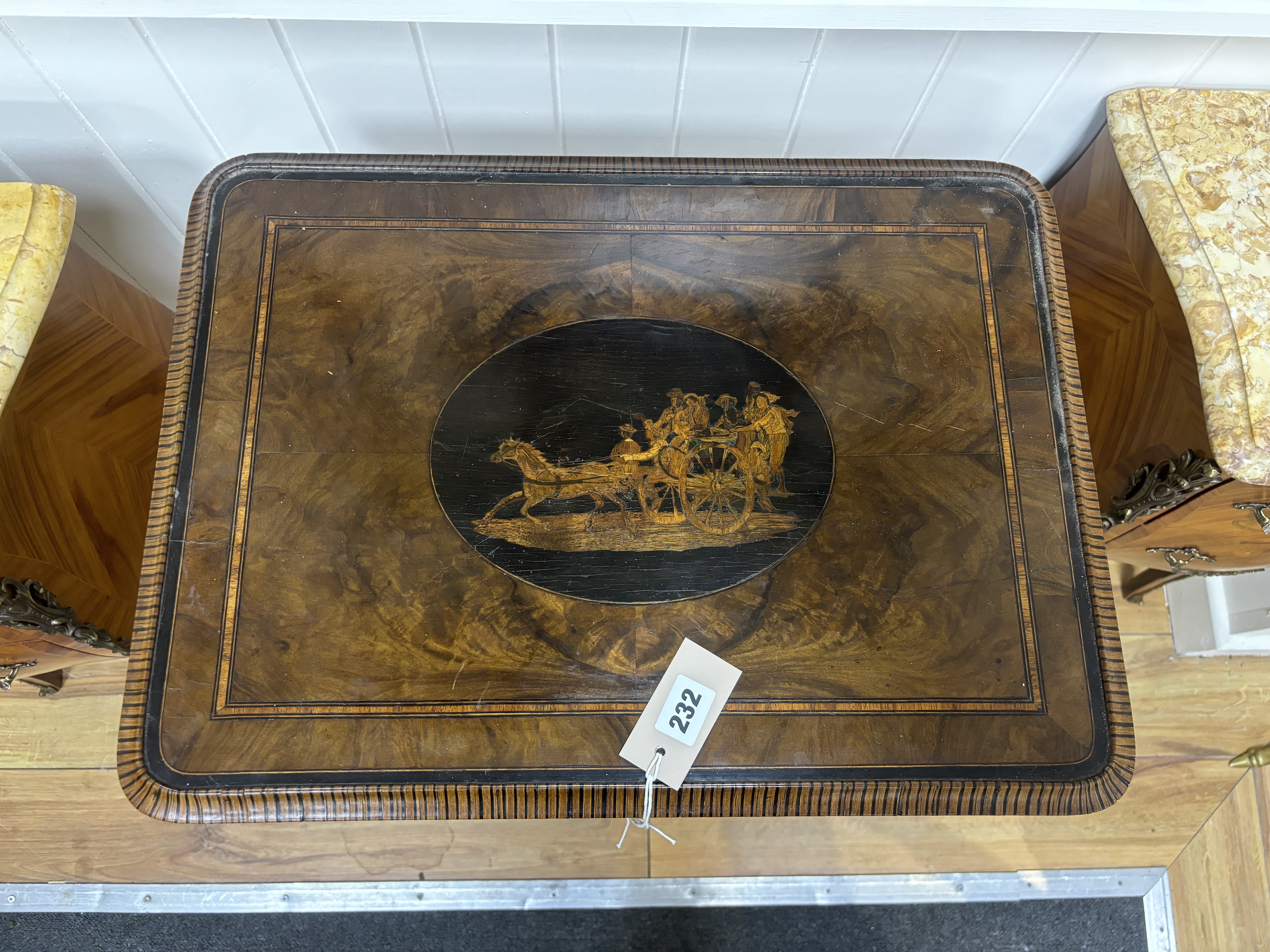 A 19th century Sorrento marquetry rectangular walnut tripod table on barley twist stem, width 53cm, depth 40cm, height 78cm